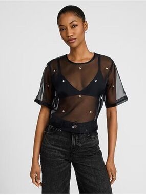 Express Black Sheer Embellished Short-Sleeve Top